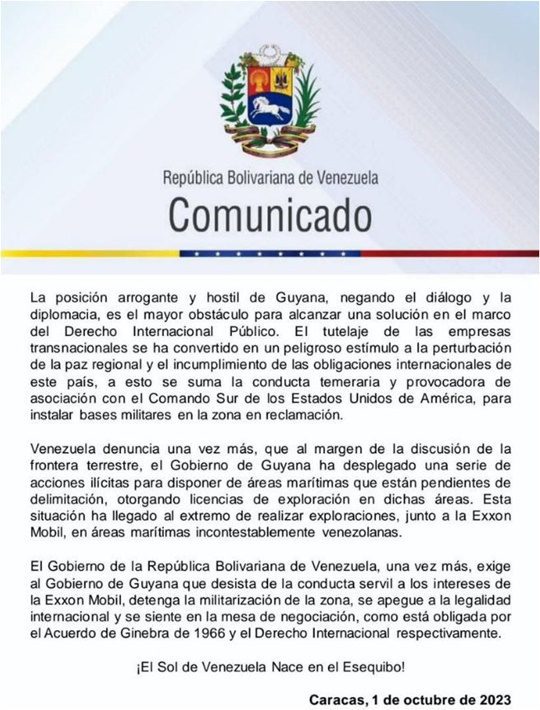 Comunicado Cancillería de Venezuela 1 10 2023 1