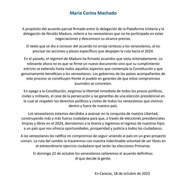 Comunicado María Corina Machado