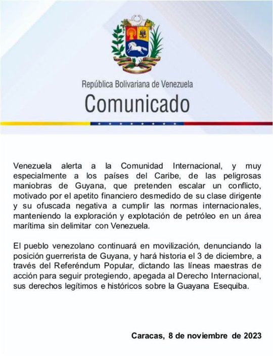 Comunicado cancillería de Venezuela 8 11 2023 Comunicado cancillería de Venezuela 8 11 2023