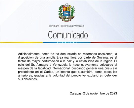 Comunicado sobre Esequibo de Venezuela 3 11 2023