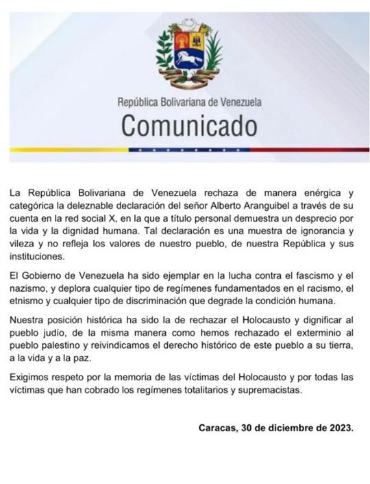 Comunicado del ejecutivo de Venezuela