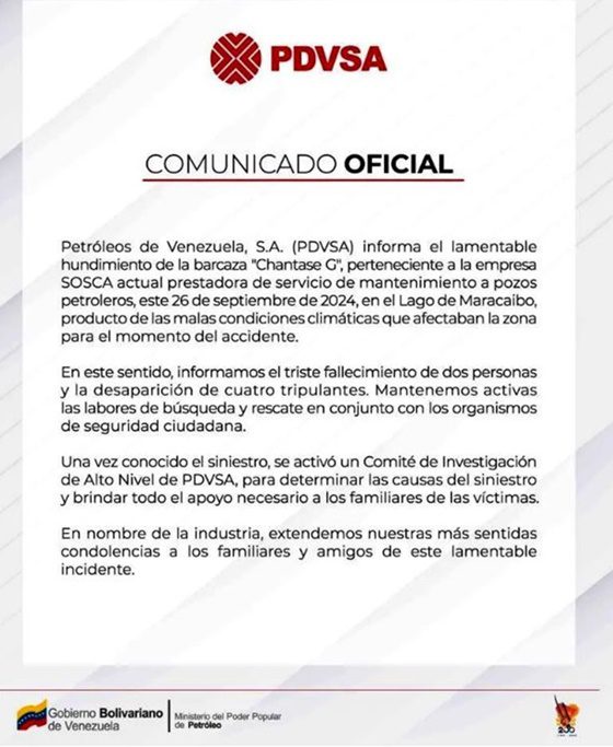 Comunicado Pdvsa 26 9 2024 Zulia