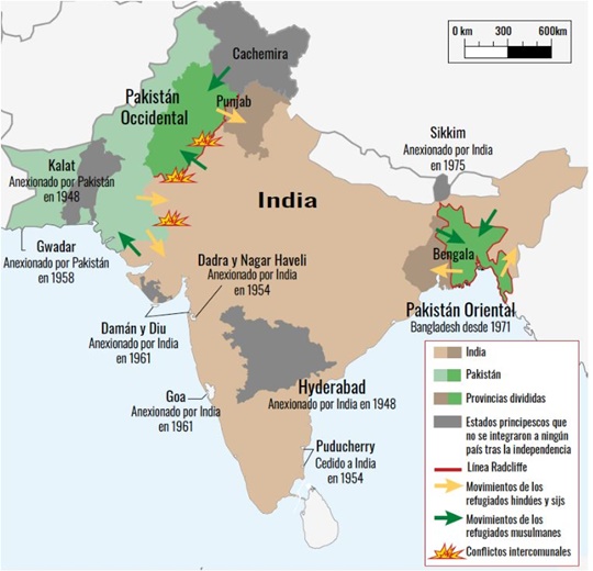 Mapa de La partición de India en 1947
