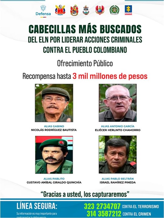 Recompensa por cabecillas del ELN