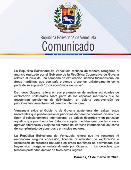 Comunicado Cancillería de Venezuela 12 3 2026