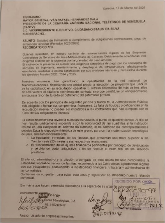 Contratistas Cantv 18 3 2026