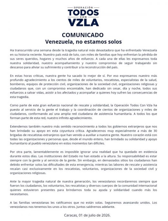Comunicado Vente Venezuela 2 7 2026
