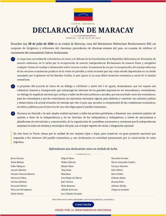 Declaración chavista de Maracay 29 7 2026 Declaración chavista de Maracay 29 7 2026